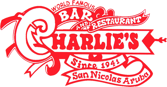 The official red and white graphic logo for World Famous Charlie's Bar and Restaurant Since 1941 San Nicolas Aruba.