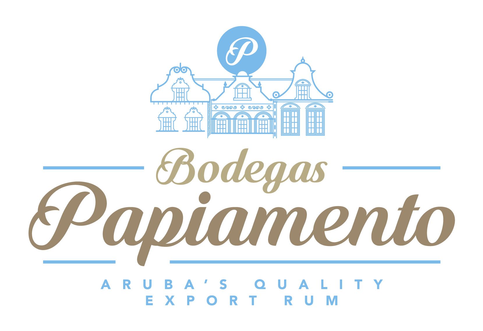 The official logo of Bodegas Papiamento features a blue line drawing of a classic building above the text Bodegas Papiamento Aruba’s Quality Export Rum.