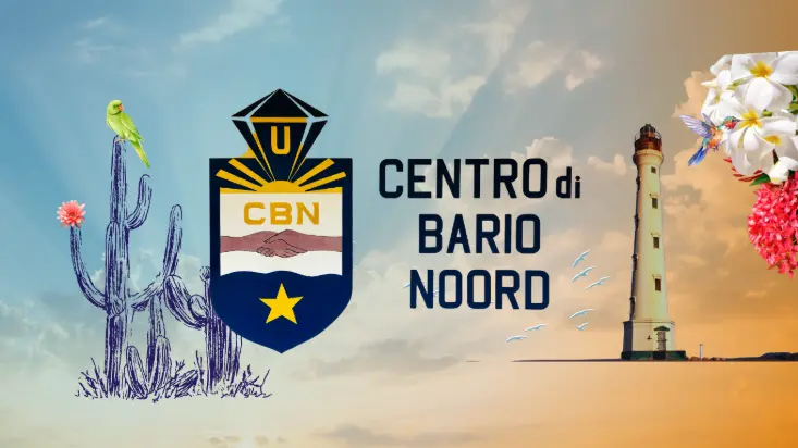 Banner for Centro di Bario Noord community center in Aruba featuring the CBN logo with an illustrated cactus, California Lighthouse, flowers, and a blue sky background.