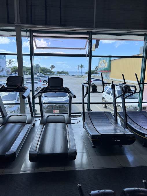 Row of treadmills inside a gym facing large floor-to-ceiling glass windows that overlook a parking lot and the ocean in Aruba.