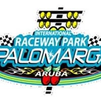 Graphic logo displaying International Raceway Park Palomarga Aruba with racing tree lights and checkered flag accents.