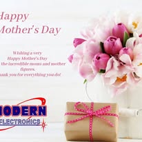 Modern Electronics Mother’s Day graphic with pink and white flowers, a wrapped gift with a pink ribbon, greeting text, and the Modern Electronics logo.