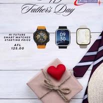 Modern Electronics Father’s Day promotional image with three smartwatches displayed above a wrapped present, red heart, and striped tie.
