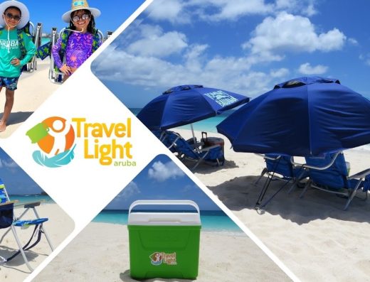 Travel Light Aruba beach rental collage featuring beach chairs, umbrellas, coolers, and two children enjoying the beach.