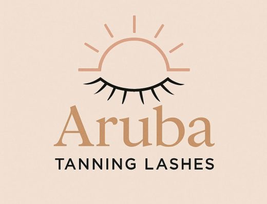 Aruba Tanning Lashes logo featuring a stylized eyelash and rising sun graphic on a light background.