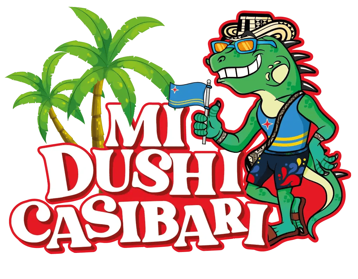 Mi Dushi Casibari logo featuring a green iguana holding an Aruba flag beside palm trees.