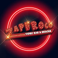 Zaperoco Video Bar & Snacks logo shown in red neon-style lettering on a dark background.